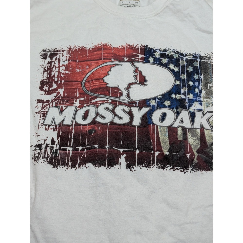 Mossy Oak Mens Small White Graphic T-Shirt American Flag Logo Short Sleeve Tee